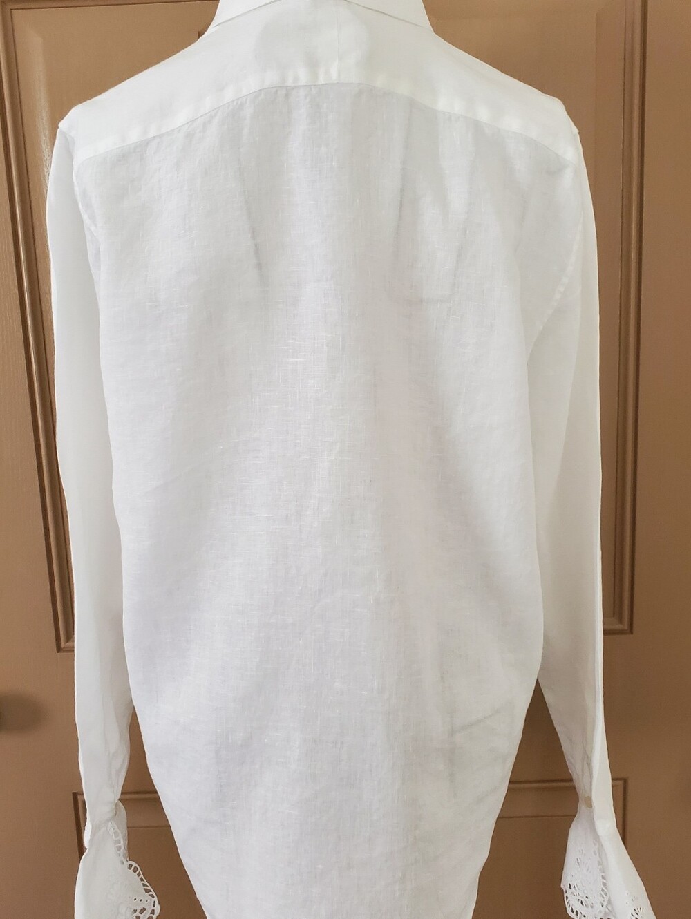 NWOT Ralph Lauren White LINEN Button Shirt with BEAUTIFUL Lace Like BELL CUFFS